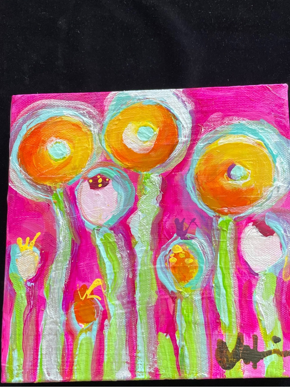 Poppies On Fuscia “ AnOriginal Acrylic Painting 8”x8”x1.5”On Canvas.